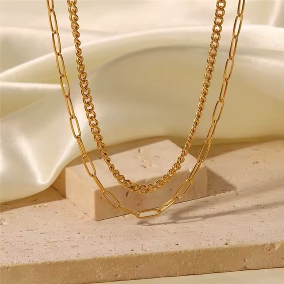 18K Gold Plated - Double Layer Chain Necklace - Gold Jewelry - Picture 3 of 7